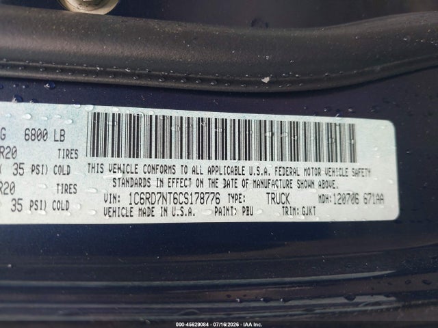 Продаж на аукціоні авто 2012 Ram 1500 Laramie, vin: 1C6RD7NT6CS178776, номер лоту: 45629084