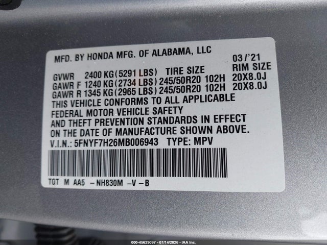 2021 Honda Passport 2wd Sport მანქანა იყიდება აუქციონზე, vin: 5FNYF7H26MB006943, აუქციონის ნომერი: 45629097