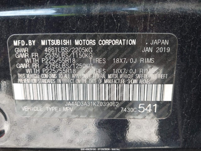 2019 Mitsubishi Outlander Le მანქანა იყიდება აუქციონზე, vin: JA4AD3A31KZ039062, აუქციონის ნომერი: 45629100