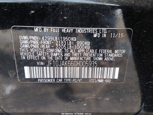 Продаж на аукціоні авто 2016 Subaru Impreza 2.0i Limited, vin: JF1GJAK66GH005935, номер лоту: 45629104
