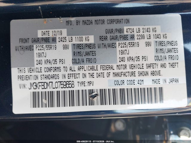 45629115 :رقم المزاد ، JM3KFBDM7L0759658 vin ، 2020 Mazda Cx-5 Grand Touring مزاد بيع