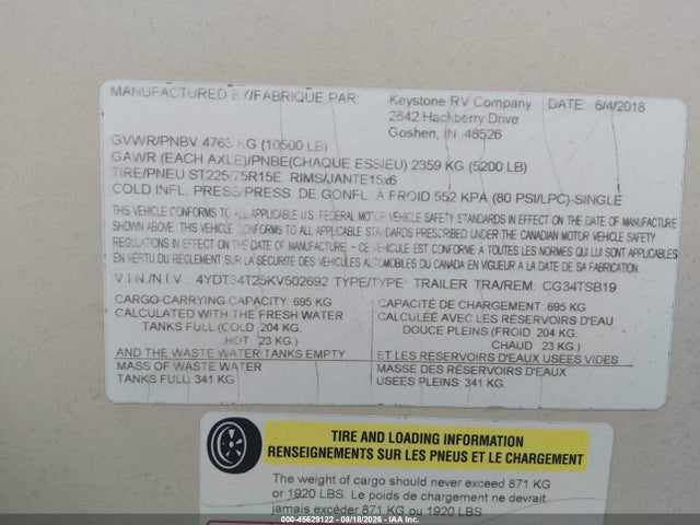 2019 Keystone Cougar 34tsb Travel Trailer მანქანა იყიდება აუქციონზე, vin: 4YDT34T25KV502692, აუქციონის ნომერი: 45629122