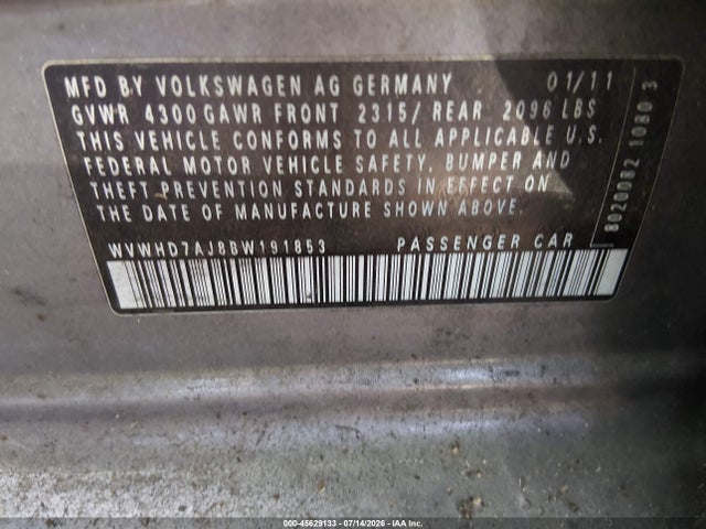 2011 Volkswagen Gti 4-door მანქანა იყიდება აუქციონზე, vin: WVWHD7AJ8BW191853, აუქციონის ნომერი: 45629133