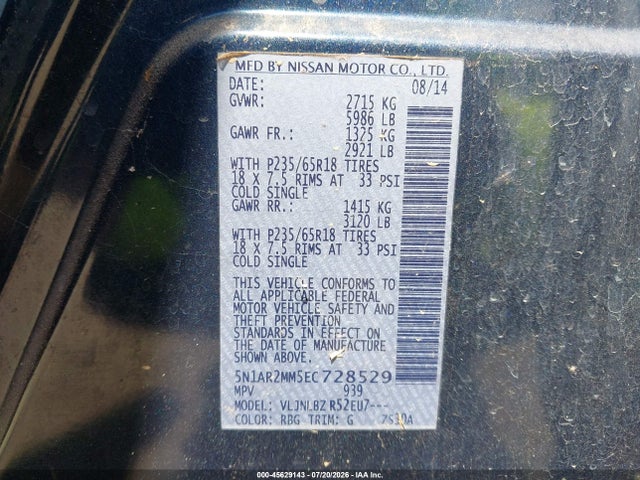 Auction sale of the 2014 Nissan Pathfinder S, vin: 5N1AR2MM5EC728529, lot number: 45629143