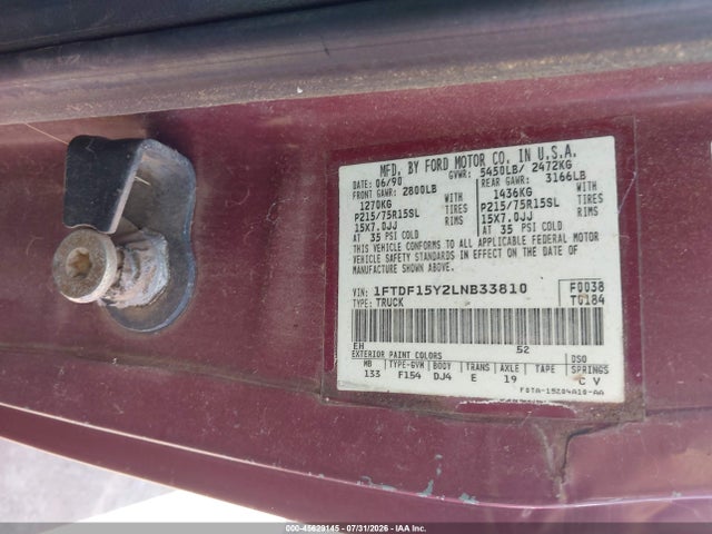 45629145 :رقم المزاد ، 1FTDF15Y2LNB33810 vin ، 1990 Ford F150 مزاد بيع