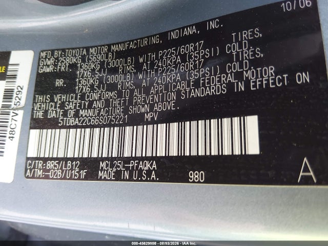 Продаж на аукціоні авто 2006 Toyota Sienna Xle Limited, vin: 5TDBA22C66S075221, номер лоту: 45629150
