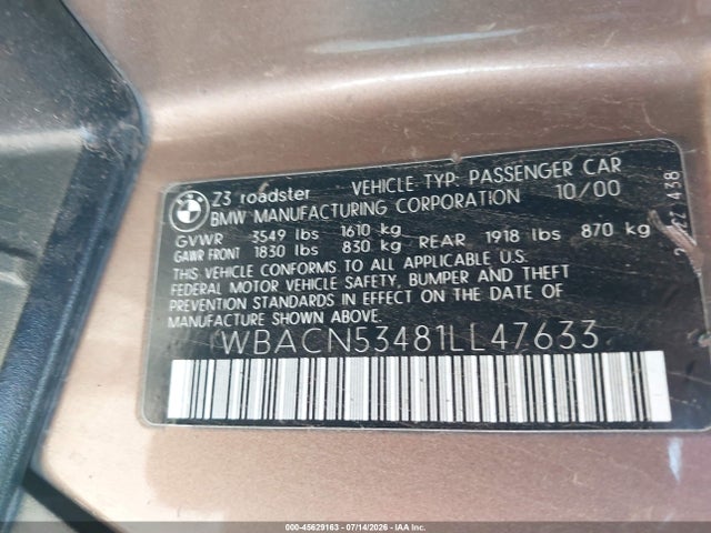 Продаж на аукціоні авто 2001 Bmw Z3 3.0i, vin: WBACN53481LL47633, номер лоту: 45629163