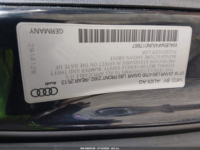 2018 Audi A4 2.0t Premium/2.0t Tech Premium მანქანა იყიდება აუქციონზე, vin: WAUENAF49JN017887, აუქციონის ნომერი: 45629169