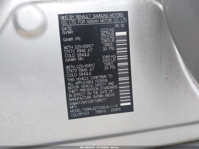 2016 Nissan Rogue S/sl/sv მანქანა იყიდება აუქციონზე, vin: KNMAT2MV2GP708877, აუქციონის ნომერი: 45629197