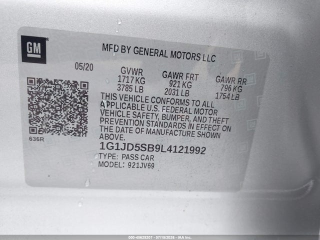 Aukcja sprzedaży 2020 Chevrolet Sonic Fwd  Lt, vin: 1G1JD5SB9L4121992, numer aukcji: 45629207