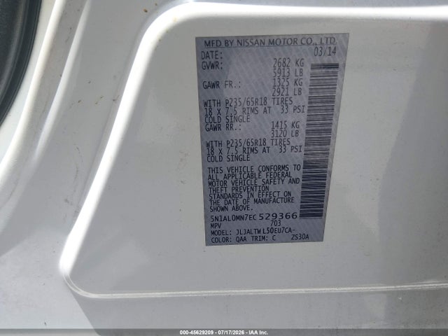 Aukcja sprzedaży 2014 Infiniti Qx60, vin: 5N1AL0MN7EC529366, numer aukcji: 45629209