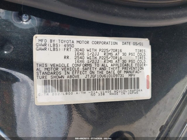 45629213 :رقم المزاد ، JTJGF10U610109731 vin ، 2001 Lexus Rx 300 مزاد بيع