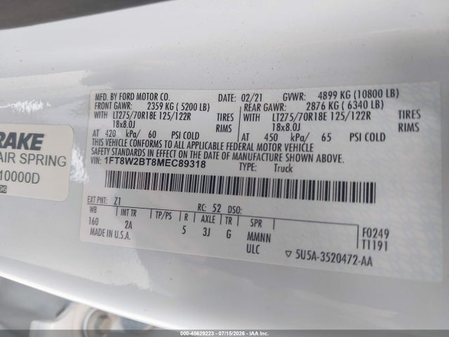 Продаж на аукціоні авто 2021 Ford F-250 Xlt, vin: 1FT8W2BT8MEC89318, номер лоту: 45629223