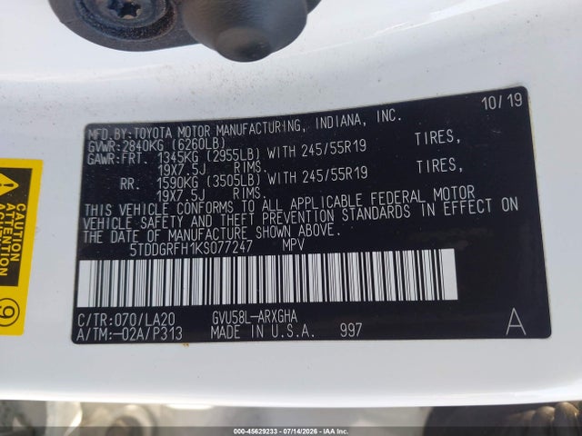 5TDDGRFH1KS077247 Toyota Highlander Hybrid Limited Platinum