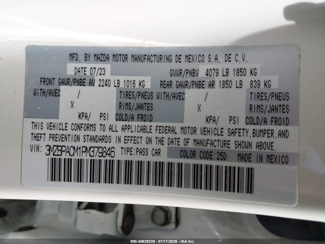 Продаж на аукціоні авто 2023 Mazda Mazda3 2.5 S Preferred, vin: 3MZBPACM1PM379846, номер лоту: 45629239