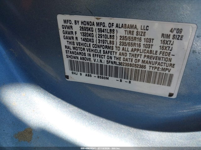 2009 Honda Odyssey Lx მანქანა იყიდება აუქციონზე, vin: 5FNRL38239B052386, აუქციონის ნომერი: 45629241