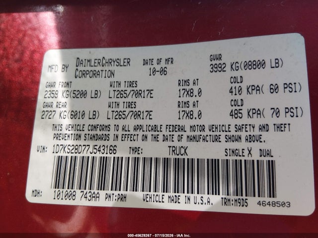 Продаж на аукціоні авто 2007 Dodge Ram 2500 Slt/sport, vin: 1D7KS28D77J543166, номер лоту: 45629267