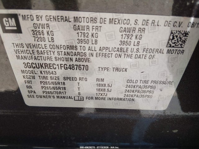 Продажа на аукционе авто 2015 Chevrolet Silverado 1500 Lt, vin: 3GCUKREC1FG487670, номер лота: 45629270