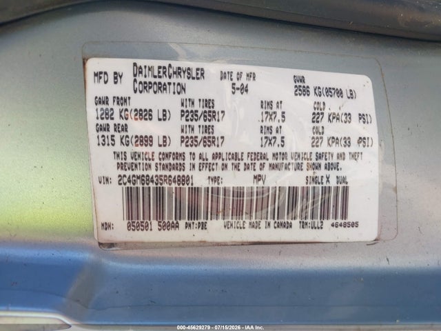 Aukcja sprzedaży 2005 Chrysler Pacifica Touring, vin: 2C4GM68435R648801, numer aukcji: 45629279