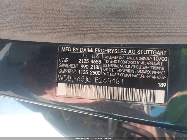 Продаж на аукціоні авто 2001 Mercedes-benz E 320, vin: WDBJF65J01B265481, номер лоту: 45629295