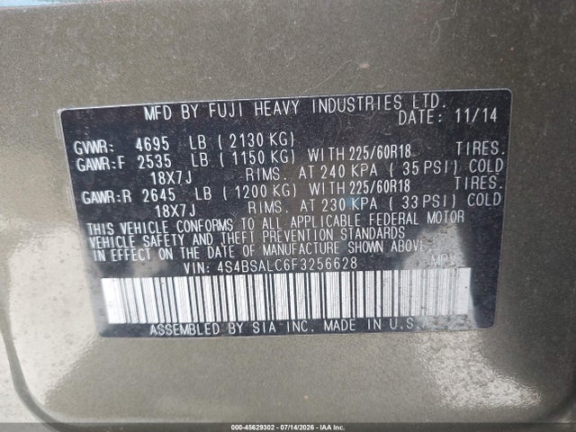 Subaru Outback 2.5i Limited 2015 4S4BSALC6F3256628 Image 9
