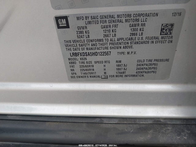 45629315 :رقم المزاد ، LRBFXDSA5HD122567 vin ، 2017 Buick Envision Essence مزاد بيع
