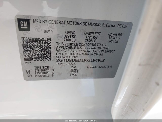 45629317 :رقم المزاد ، 3GTU9DED1KG194952 vin ، 2019 Gmc Sierra 1500 Slt مزاد بيع