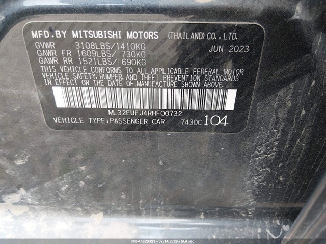 Aukcja sprzedaży 2024 Mitsubishi Mirage G4 Es, vin: ML32FUFJ4RHF00732, numer aukcji: 45629321