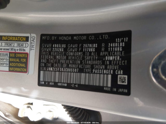 JHMZC5F38JC005507 Honda Clarity Plug-in Hybrid Touring