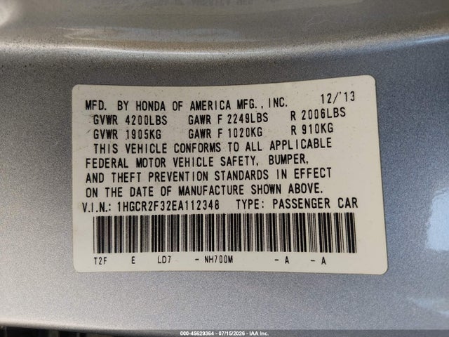 Honda ACCORD LX 2014 1HGCR2F32EA112348 Image 9