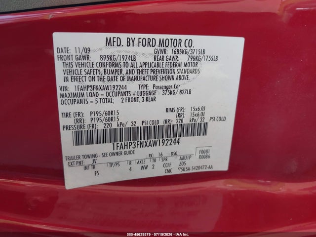 45629379 :رقم المزاد ، 1FAHP3FNXAW192244 vin ، 2010 Ford Focus Se مزاد بيع