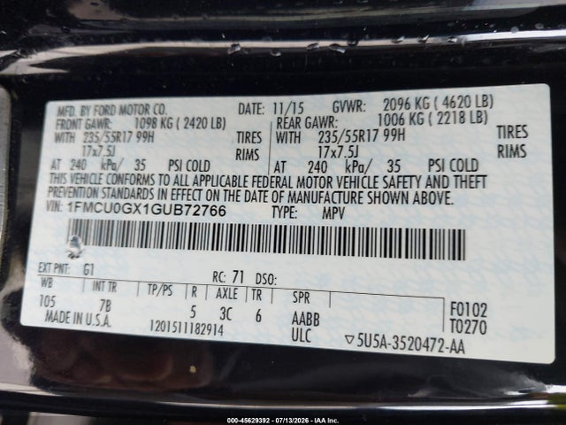 Ford ESCAPE SE 2016 1FMCU0GX1GUB72766 Image 9