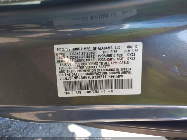 Продажа на аукционе авто 2012 Honda Odyssey Ex-l, vin: 5FNRL5H67CB138211, номер лота: 45629394