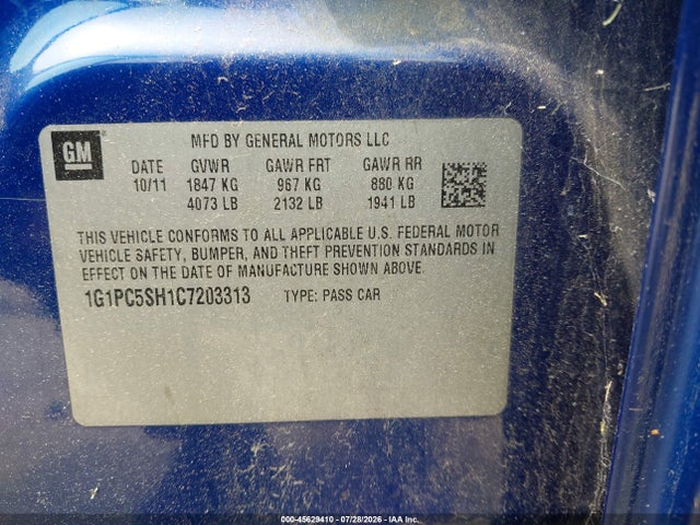 Продаж на аукціоні авто 2012 Chevrolet Cruze Ls, vin: 1G1PC5SH1C7203313, номер лоту: 45629410