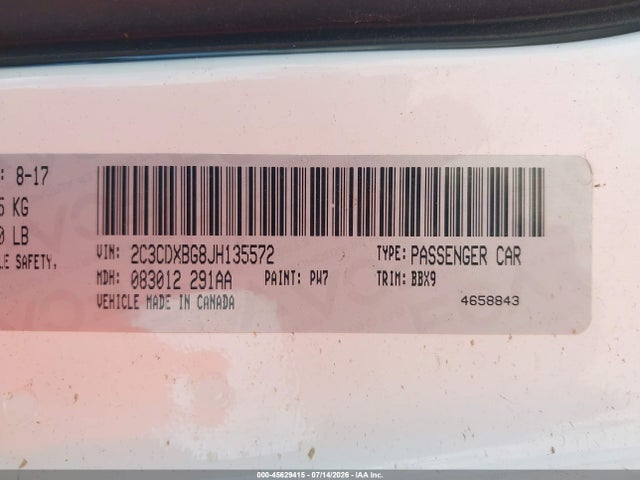 Auction sale of the 2018 Dodge Charger Sxt Rwd, vin: 2C3CDXBG8JH135572, lot number: 45629415