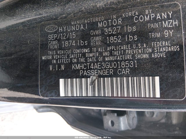 Aukcja sprzedaży 2016 Hyundai Accent Se, vin: KMHCT4AE3GU018531, numer aukcji: 45629445
