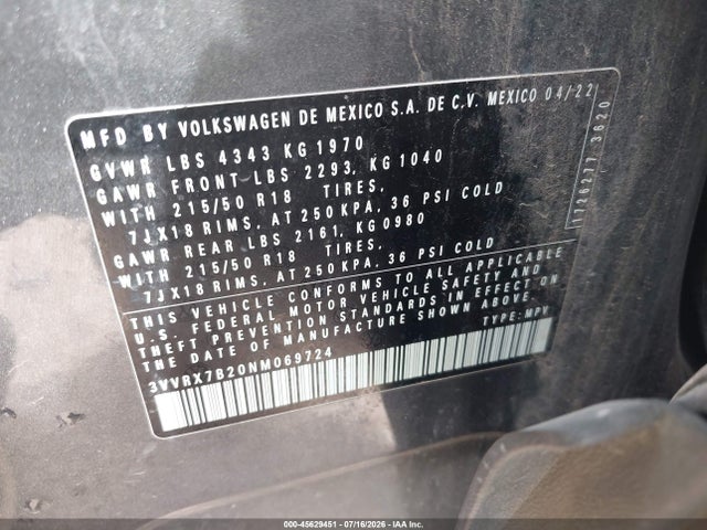 Aukcja sprzedaży 2022 Volkswagen Taos 1.5t Se, vin: 3VVRX7B20NM069724, numer aukcji: 45629451