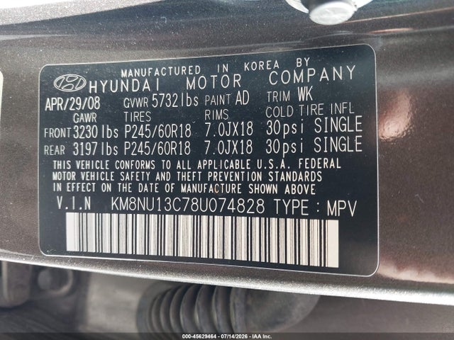 Продаж на аукціоні авто 2008 Hyundai Veracruz Gls/limited/se, vin: KM8NU13C78U074828, номер лоту: 45629464