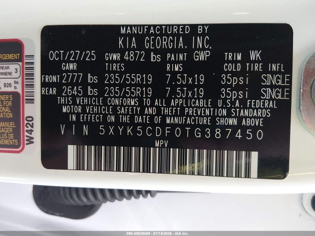 Aukcja sprzedaży 2026 Kia Sportage Sx-prestige, vin: 5XYK5CDF0TG387450, numer aukcji: 45629489