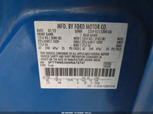 2022 Ford Maverick Xl მანქანა იყიდება აუქციონზე, vin: 3FTTW8E3XNRA72747, აუქციონის ნომერი: 45629495