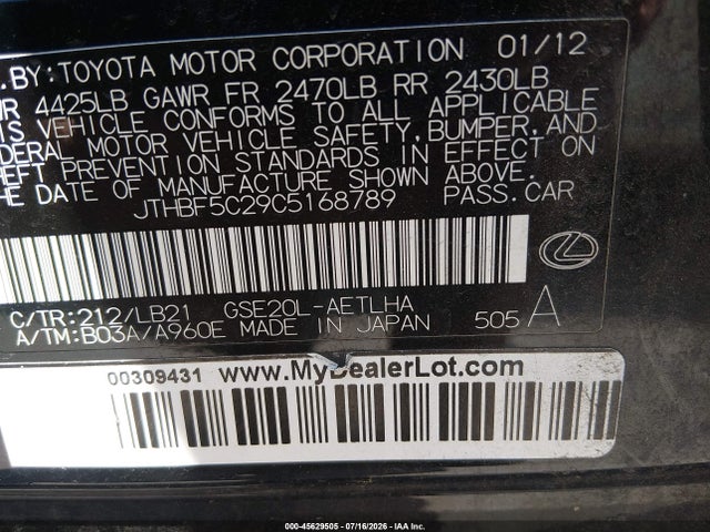 45629505 :رقم المزاد ، JTHBF5C29C5168789 vin ، 2012 Lexus Is 250 مزاد بيع