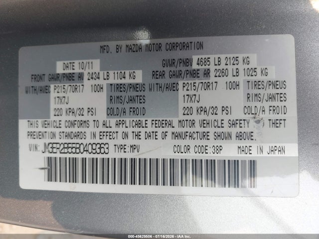 Продаж на аукціоні авто 2011 Mazda Cx-7 I Sport, vin: JM3ER2B55B0409363, номер лоту: 45629506