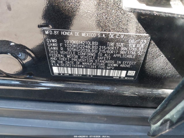3CZRZ1H39RM711394 Honda Hr-v 2wd Lx