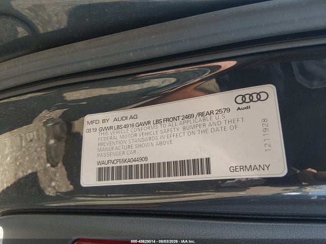 45629514 :رقم المزاد ، WAUFNCF55KA044909 vin ، 2019 Audi A5 45 Premium مزاد بيع