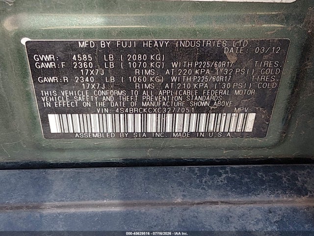 Aukcja sprzedaży 2012 Subaru Outback 2.5i Limited, vin: 4S4BRCKCXC3277051, numer aukcji: 45629516