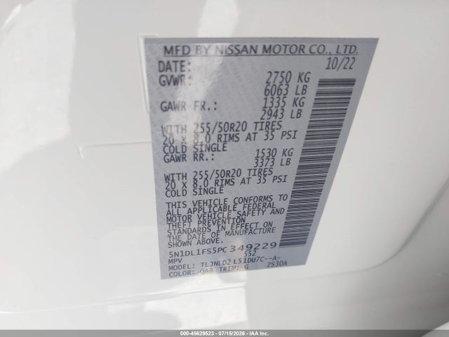 Auction sale of the 2023 Infiniti Qx60 Luxe Awd, vin: 5N1DL1FS5PC349229, lot number: 45629523