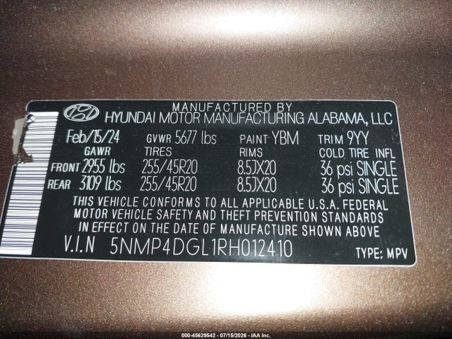 Продажа на аукционе авто 2024 Hyundai Santa Fe Limited, vin: 5NMP4DGL1RH012410, номер лота: 45629542