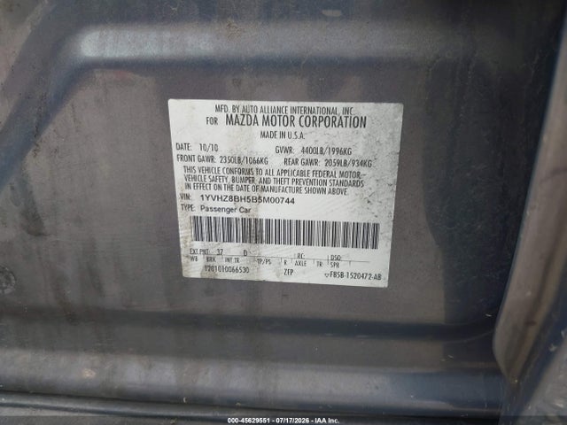 Aukcja sprzedaży 2011 Mazda Mazda6 I Sport, vin: 1YVHZ8BH5B5M00744, numer aukcji: 45629551