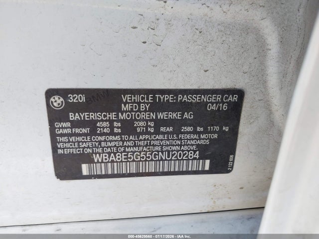 2016 Bmw 320i Xdrive მანქანა იყიდება აუქციონზე, vin: WBA8E5G55GNU20284, აუქციონის ნომერი: 45629560