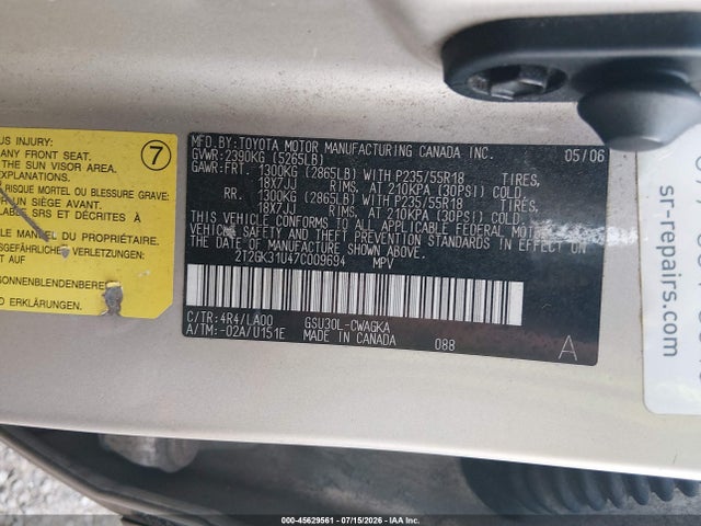 Aukcja sprzedaży 2007 Lexus Rx 350, vin: 2T2GK31U47C009694, numer aukcji: 45629561